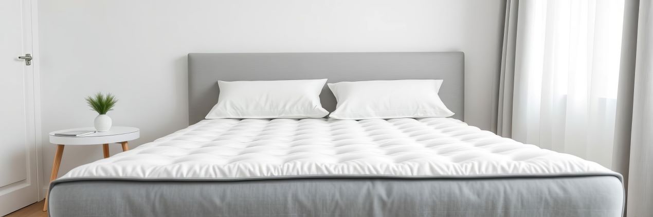 Stilvolles Boxspringbett mit weißem Topper in minimalistischem Schlafzimmer – perfekte Kombination für gesunden Schlaf.