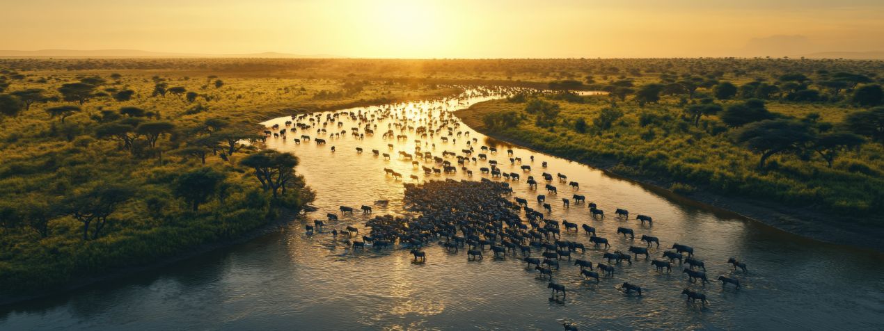 Große Tierherde aus Gnus überquert einen Fluss in der Serengeti bei Sonnenuntergang während einer Tansania Safari