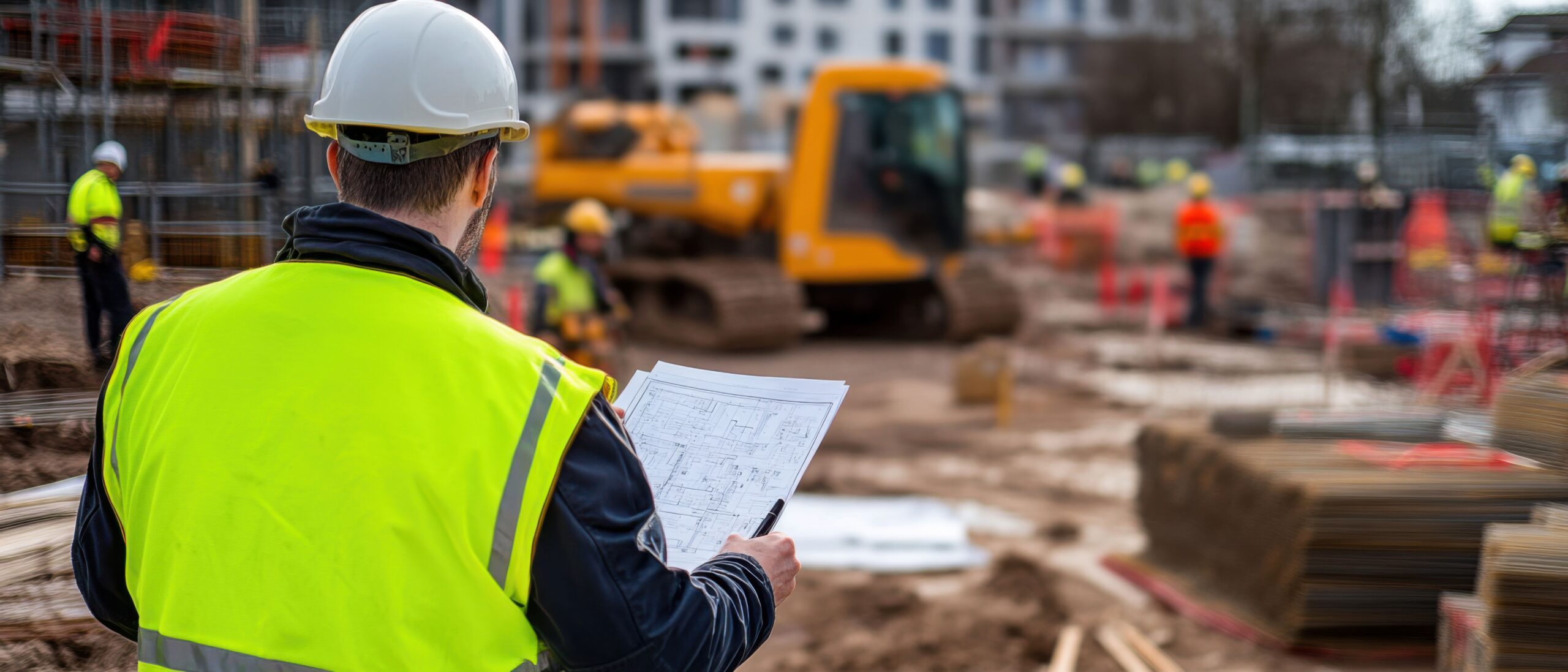 Eine Person plant die Nutzung eines Teleskopstaplers auf einer Baustelle 